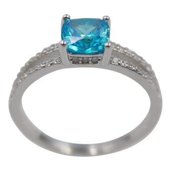 Rhodium plated sterling Silver ring with Clear and Blue Topaz cubic zirconia stones.