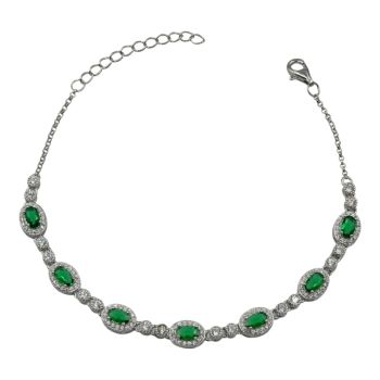 Rhodium plated sterling Silver bracelet with Clear and Emerald cubic zirconia stones.