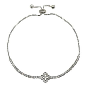 Rhodium plated sterling silver flower design bracelet with Clear cubic zirconia stones, with a lariat fastening.