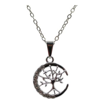 Rhodium colour plated tree of life and crescent moon design pendant with genuine Clear crystal stones.
