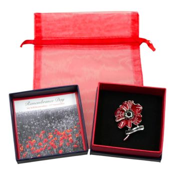 Boxed Diamante & Enamel Poppy Brooch