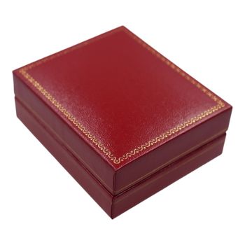 Classic Red leatherette deep pendant box with a Gold colour trim, White velvet and White satin interior.
