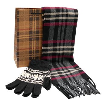 Complete gents gift set includes a tartan design scarf, stretch knitted gloves and a tartan print gift bag.
