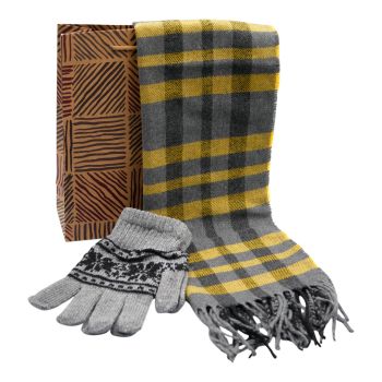 Complete gents gift set includes a tartan design scarf, stretch knitted gloves and a tartan print gift bag.
