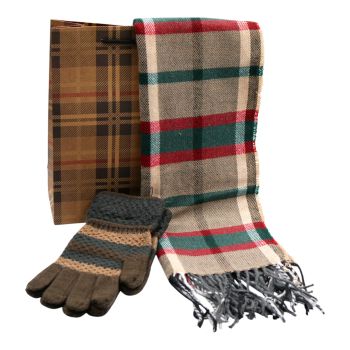 Complete gents gift set includes a tartan design scarf, stretch knitted gloves and a tartan print gift bag.
