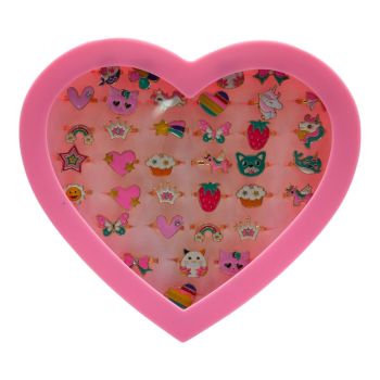 Gold colour plated, childrens size adjustable, enamelled rings In assorted designs and colours.
Presented in a heart shaped acrylic display box.
Box of 36 rings.