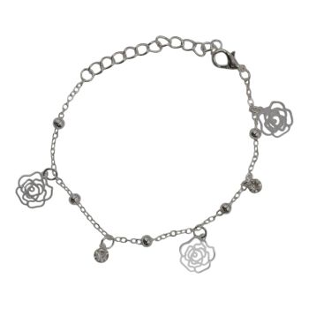 Rhodium colour plated flower charm design bracelet with genuine Clear crystal stones.
Measuring approx. 6.75 inches plus a 2 inch extension chain.
Presented on a display card in a clear opp bag.
Pack of 3.