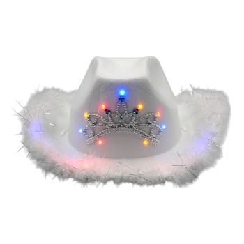 Tiara and Feather Trim Cowboy Hat with Lightup LED Lights.
Internal circumference approx.17.5cm x 20cm.
Hat measuring approx. 39cm x 33cm x 14cm.
One Size.
Pack of 3.