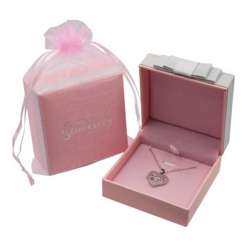 Ladies boxed Rhodium colour plated butterfly and heart design pendant with genuine Clear crystal stones.
