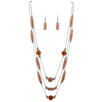 Rhodium colour plated, 3 tier necklace and pierced drop earring set.
Necklace is decorated with acrylic beads and faceted crystal beads.
Necklace measures approx. 33 inches long, plus a 2 inch extension chain.
Drop Earrings measure apprx. 4cm long.
Pr