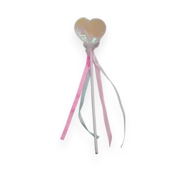 Girls iridescent heart wand decorated with Pink, Baby Pink, Baby Blue and White satin ribbon, feathers and tinsel.
Measuring approx. 35cm in length.
Pack of 12.