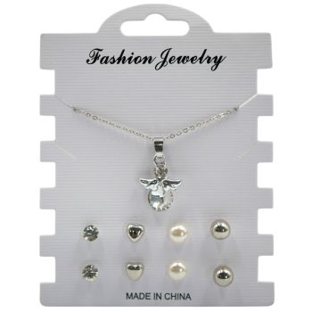 Gold or Rhodium colour plated angle design pendant and pierced stud earring set with genuine Clear crystal stones.
Set includes 1 chained pendant and 4 pairs of assorted pierced stud earrings.

