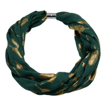 Soft cotton feel, Gold colour foil, feather design print loop scarves with a magnetic fastening.
