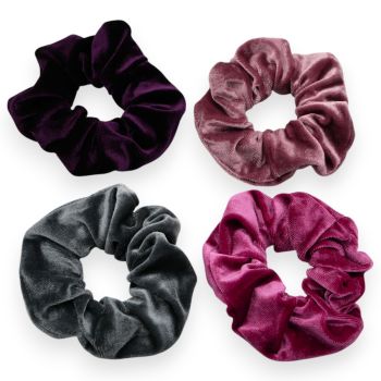 Plain velvet scrunchies.
In 4 assorted colours of Purple, Mulberry, Mauve and Grey.
Measuring approx. 13cm in diameter.
Pack of 12.