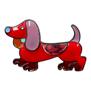 Venetti collection, Black colour plated dachshund sausage dog design brooch with coloured enamel detail.
