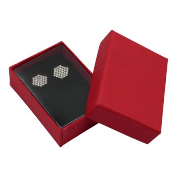 Red, card earrings box with a Black flock coated inner foam and clear acetate insert.
Outer edge of box measuring approx  4.5cm x 6cm x 2cm.
**Jewellery is not included**