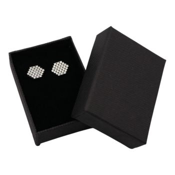 Black, card earrings box with a Black flock coated inner foam.
Outer edge of box measuring approx  4.5cm x 6cm x 2cm.
**Jewellery is not included**