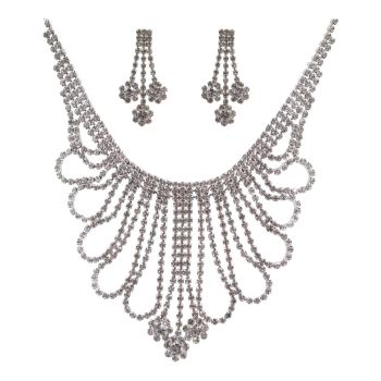 Rhodium colour plated necklace and pierced drop earrings set with genuine Clear crystal stones.
