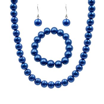 Venetti collection, Blue glass pearl necklace, elasticated bracelet and pierced stud earrings set.
