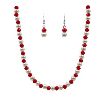 Venetti collection, Rhodium colour plated necklace and pierced drop earring set with pearl and faceted glass beads.
