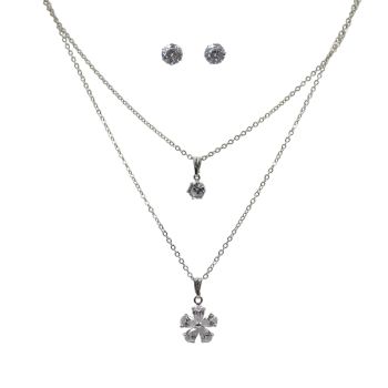 Diamante Earrings & Flower Layered Pendant Set