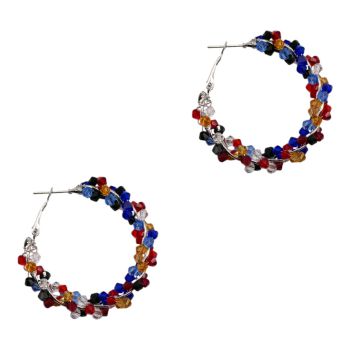 Gold or Rhodium colour plated twist hoop earrings with multicolour faceted glass beads.
