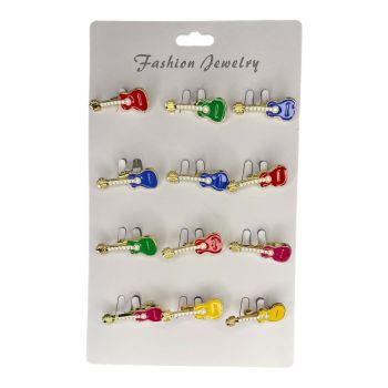 Gold colour plated enamel guitar brooches in assorted colours of  Red ,Royal Blue ,Green and Yellow.

Available as a pack of 12 assorted on a display card for easy sale .

Size approx 3.5 x1.8 cm