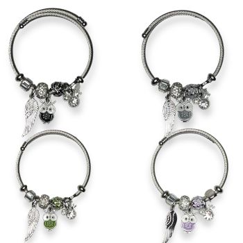 Ladies Rhodium colour plated bangle with assorted charms and shambala style  diamante beads including an enamelled Owl charm , and Rhodium plated angel wing .

Available in Black ,Green Grey ,Baby Pink and Lilac .

Sold as a pack of 3 per colour or 5 