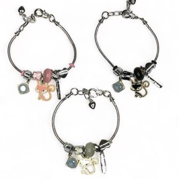 Ladies Rhodium plated enameled Cat charm bracelet with assorted glass beads and  enameled charms .

Available in White ,Baby Pink and Black .

Sold as a pack of 3 per colour or 3 assorted.

Bracelet also has 4.5 cm extension chain .