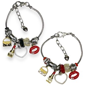 Ladies Rhodium plated two toned charm bracelet with a mixture of  glass beads and  enameled charms including a gold colour plated lipstick ,a hand bag ,a red daisy ,lips ,glass and metal beads and a gold colour plated heart .

Available in  Red Or Black