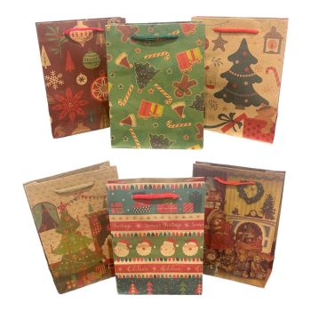 Brown paper recyclable Christmas paper gift bag in 6 assorted Christmas designs with a cord handle .

Sold as a pack of 12 assorted .

Size approx  15 x 20 x 6 cm 

Discount available in  quantity .