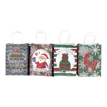 Small size recyclable paper Cristmas gift bag in 4 assorted Christmas prints.

Sold as a pack of 12 assorted .

Prints may vary slightly from those shown.

Discount in quantity .

Size approx 15 x 21 x 8 cm.