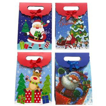 Medium size  paper Cristmas gift bag in 4 assorted Christmas prints with a velco fastner and ribbon detail with a carry handle .

Sold as a pack of 12 assorted .

Prints may vary slightly from those shown.

Discount in quantity .

Size approx 27 x
