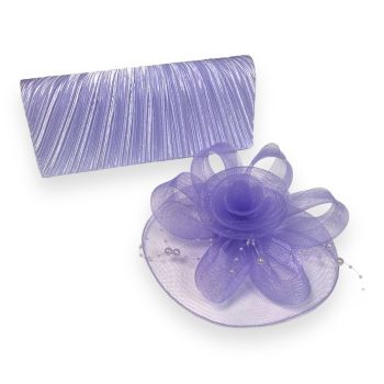 Ladies beautiful Lilac satin pleated evening bag with chain shoulder strap in rhodium colour plating  with matching  coloured Fascinator with pretty pearl detail .

We have done the work for you be teaming up this gorgeous set great fot that special occ