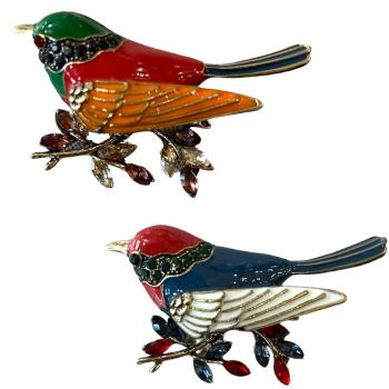 Pretty Gold colour plated Venetti Collection  hand painted multicoloured  enamel bird on a branch brooch encrusted with genuine crystal stones.

Sold as a pack of 3 .

Size approx 6 x 3.5 cm 