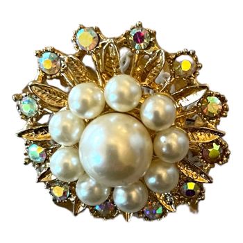 Gold Colour Plated Imitation Pearl And Ab Crystal Brooch 