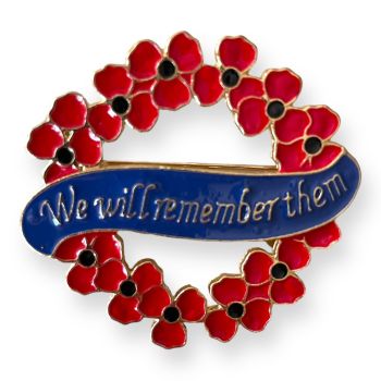 Venetti Collection Ladies enamel wreath style  poppy brooch with the words 'We will Remember '.in Gold colour plating .

Sold as a pack of 3 

size approx 5 x 4.7 cm
