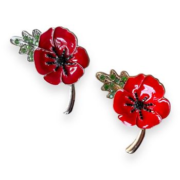 Venetti collection,  poppy brooch, decorated with red enamelling and genuine Green and Jet crystal stones.

Available in Gold colour plating or rhodium Colour plating .

Sold as a pack of 3 per colour or 4 assorted .

Measuring approx 6cm x 4cm.Pack