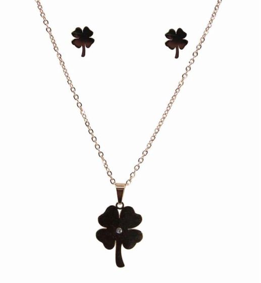 Stainless Steel Clover Pendant and Pierced Stud Earring Set