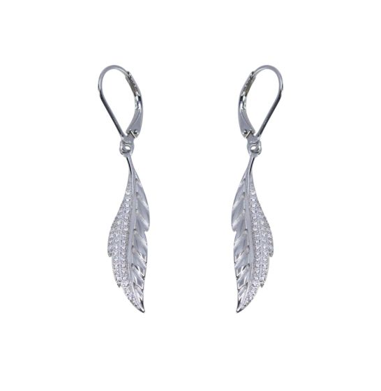 Rhodium plated sterling Silver feather design drop earrings with Clear cubic zirconia stones.
