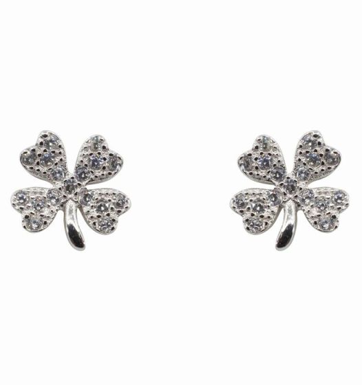 Silver Clear CZ 4-Leaf Clover Stud Earrings (£3.30 Each)
