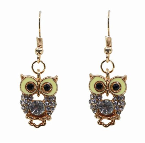 Pierced Diamante & Enamel Owl Drop Earrings (55p Per Pair)