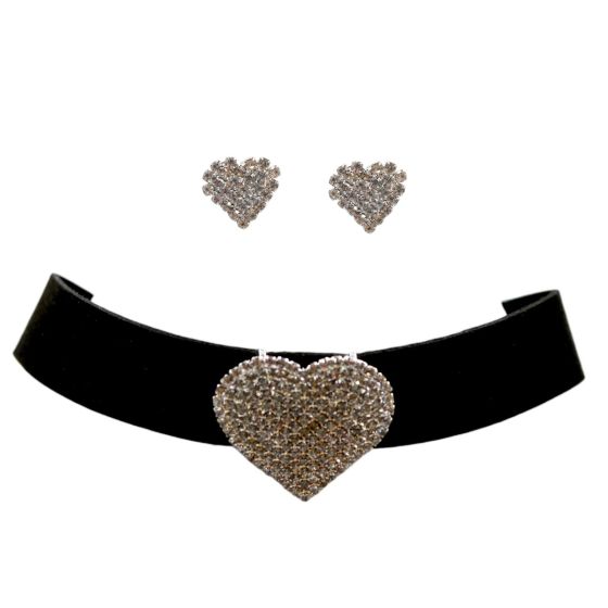 Diamante Heart Choker & Pierced Stud Earring Set