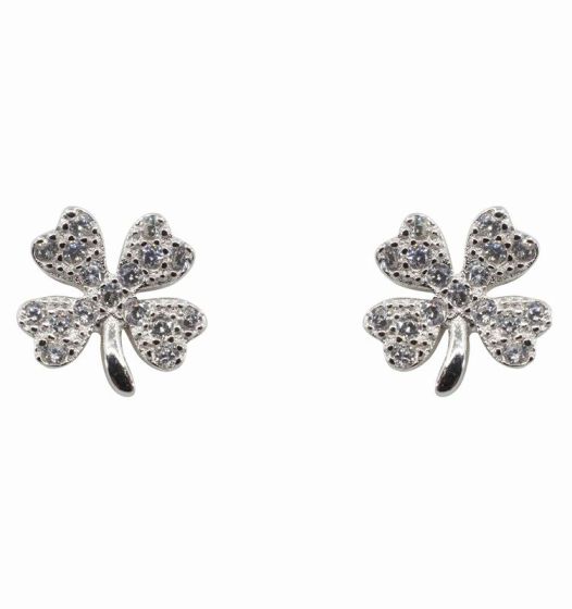 Silver Clear CZ 4-Leaf Clover Stud Earrings